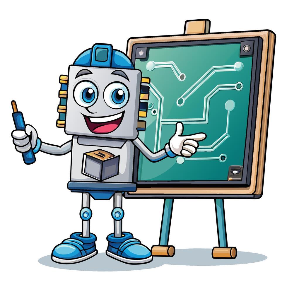 a cartoon robot character pointing at a blackboard vector