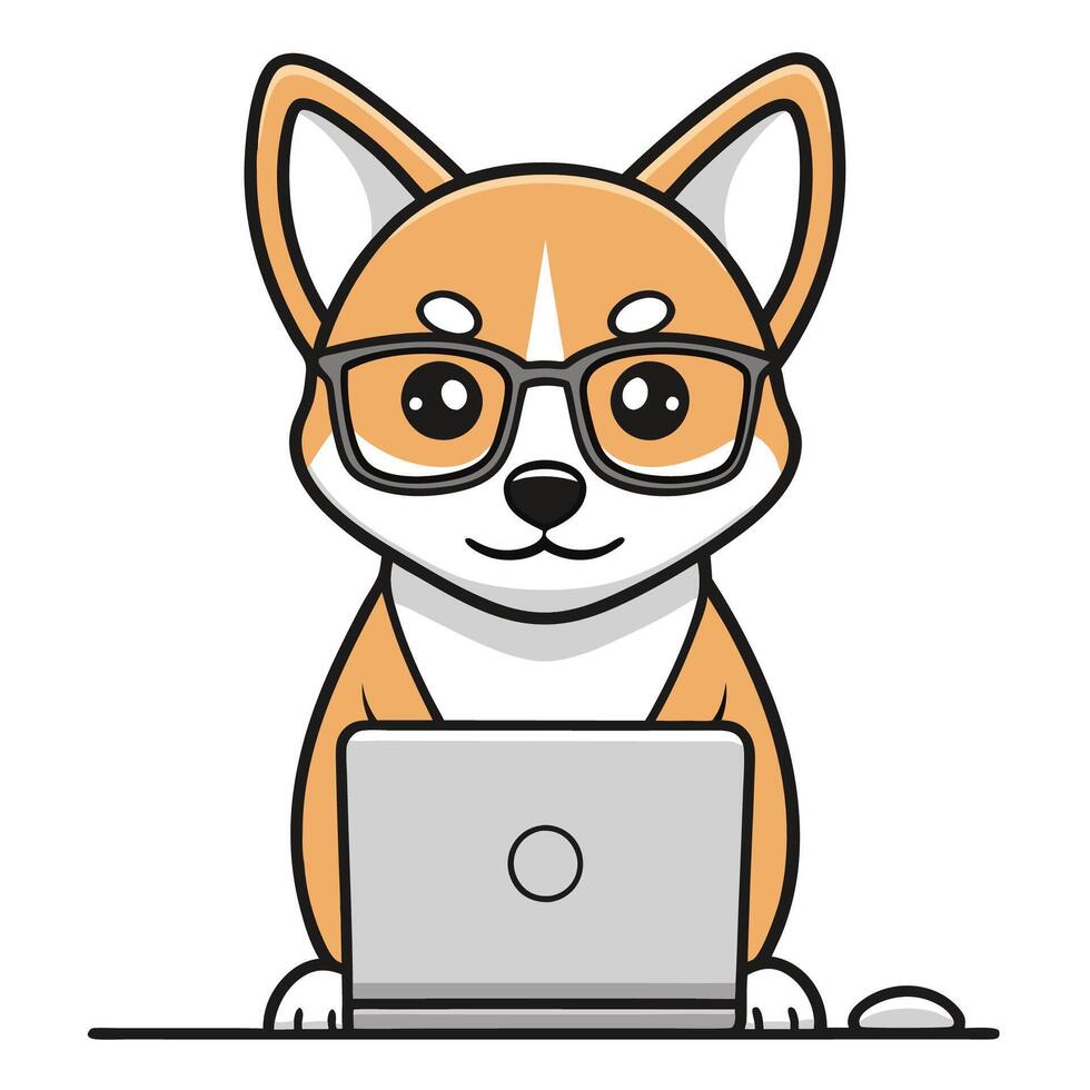 corgi with glasses and laptop on white background vector