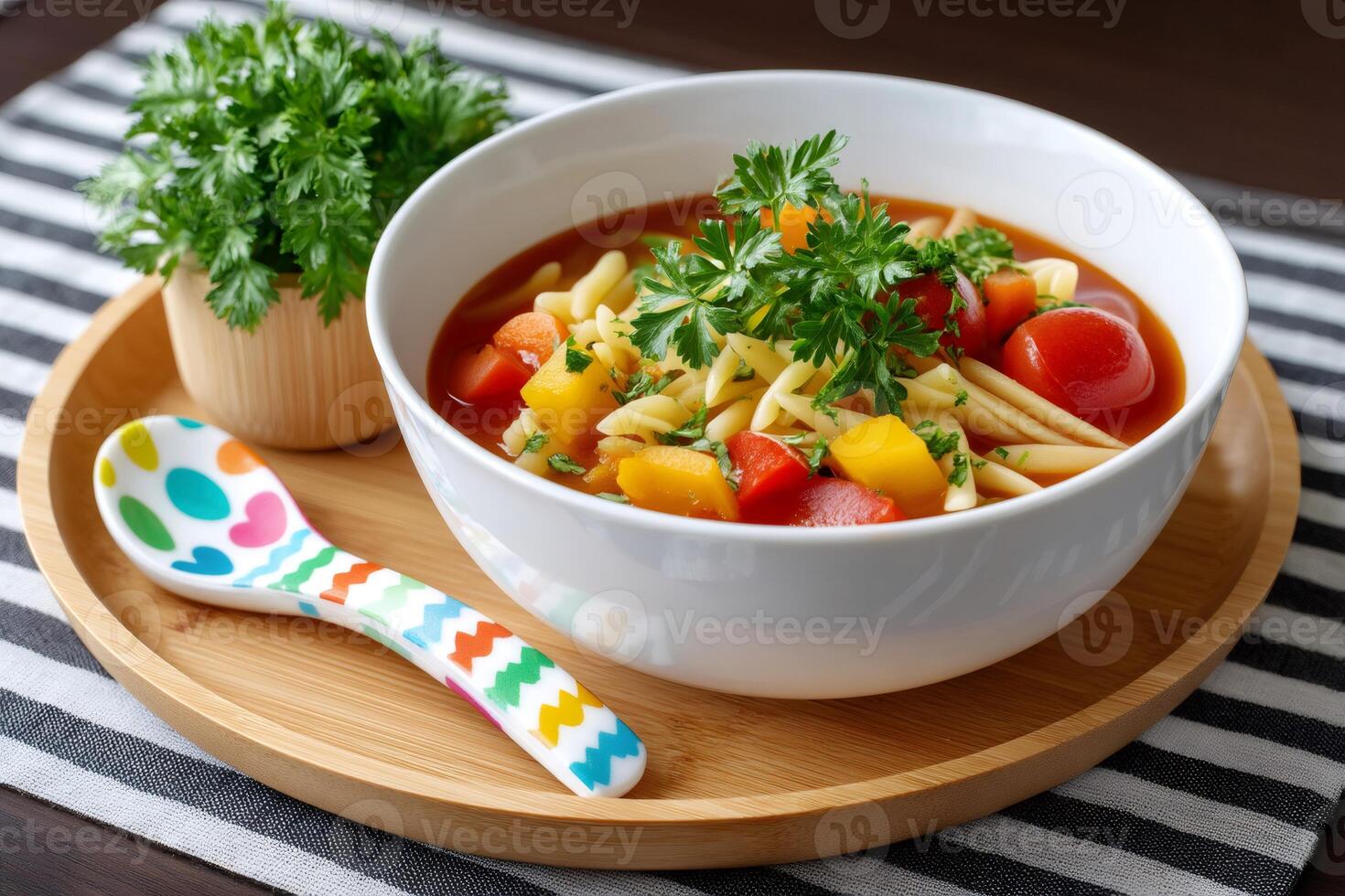 Tomato soup with pasta and vegetables garnished with parsley served for kids photo