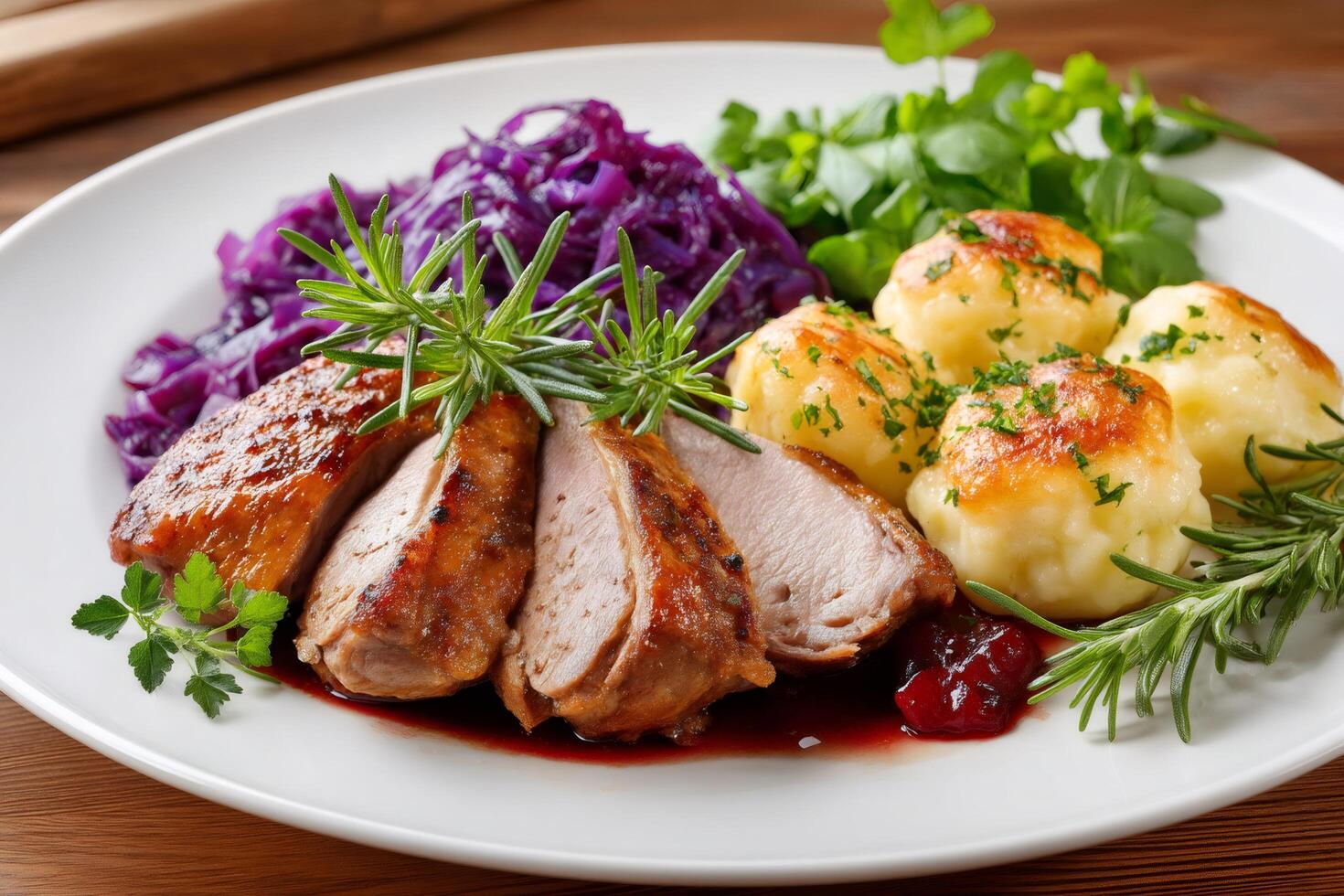 Roasted duck breast with red cabbage, dumplings and cranberry sauce decorating with rosemary photo