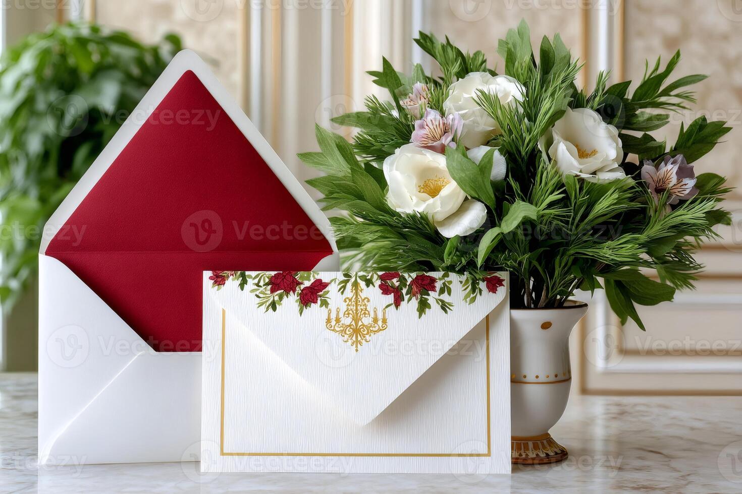 Elegant wedding invitation suite with red roses and gold chandelier design laying on marble table photo
