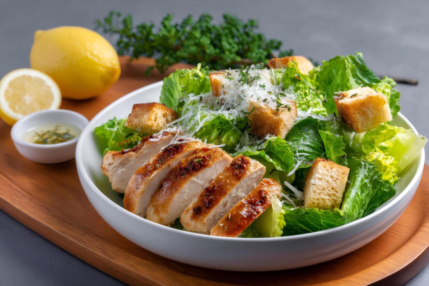 Sliced grilled chicken breast on caesar salad with croutons, parmesan cheese and lemon vinaigrette photo