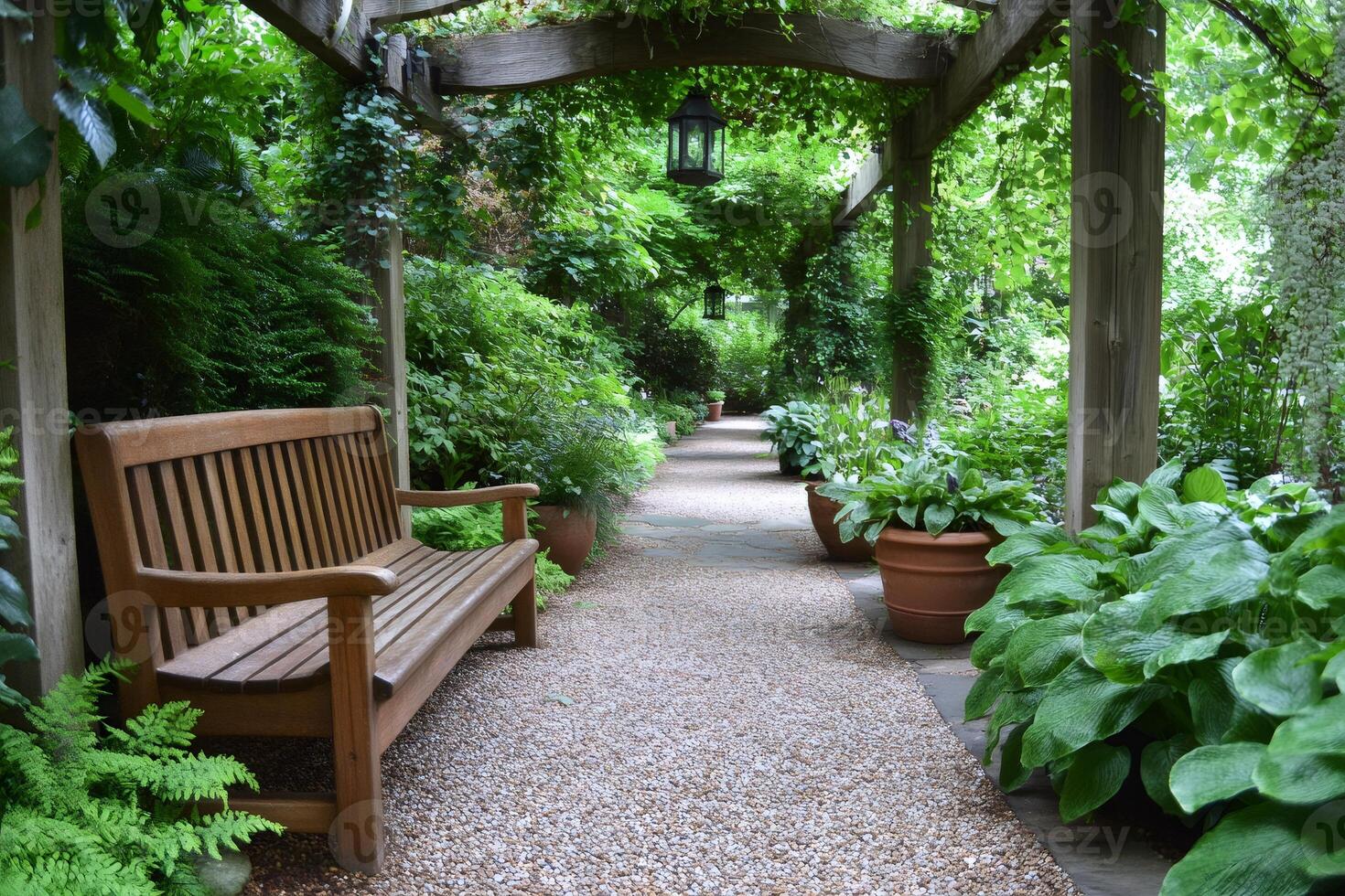Relaxing wooden bench inviting visitors to walk in a peaceful gravel garden path photo