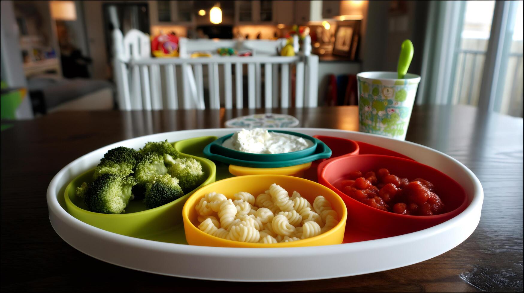 Colorful silicone baby plate with pasta, broccoli, diced tomatoes and yogurt dip waiting on a wooden table photo