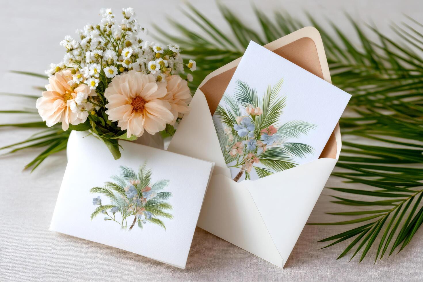Wedding stationery mockup featuring palm tree and flowers illustration photo
