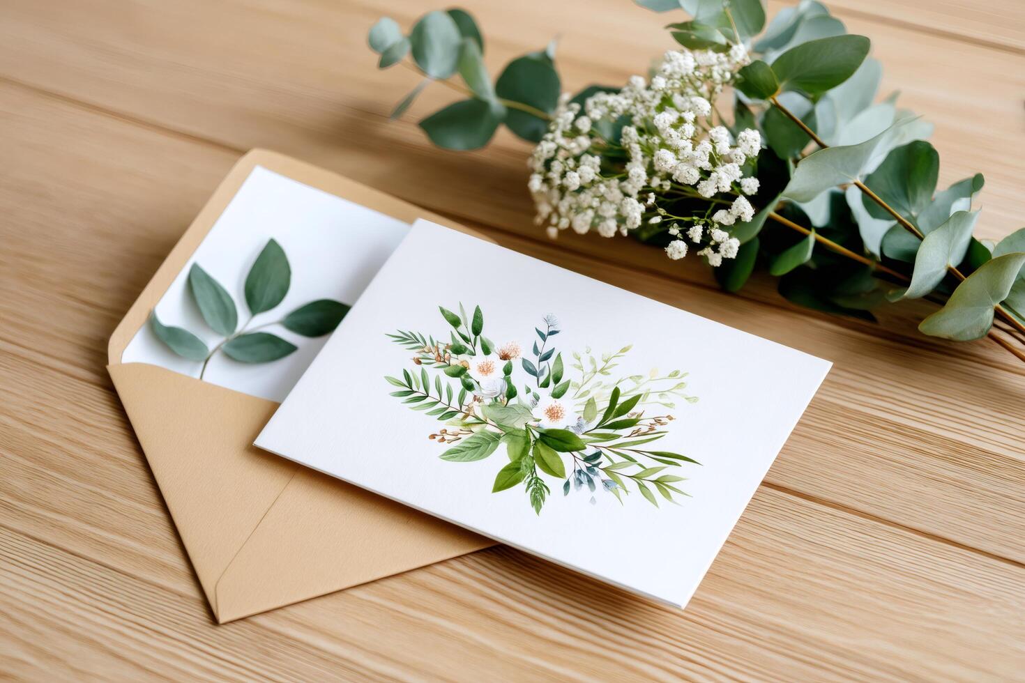 Wedding invitation card with envelope and eucalyptus leaves resting on a wooden table photo