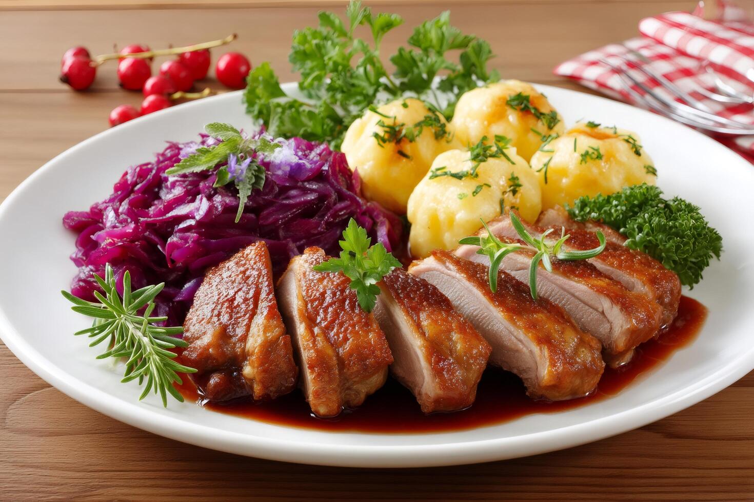 Roasted duck breast with braised red cabbage and potato dumplings, garnished with parsley and rosemary photo