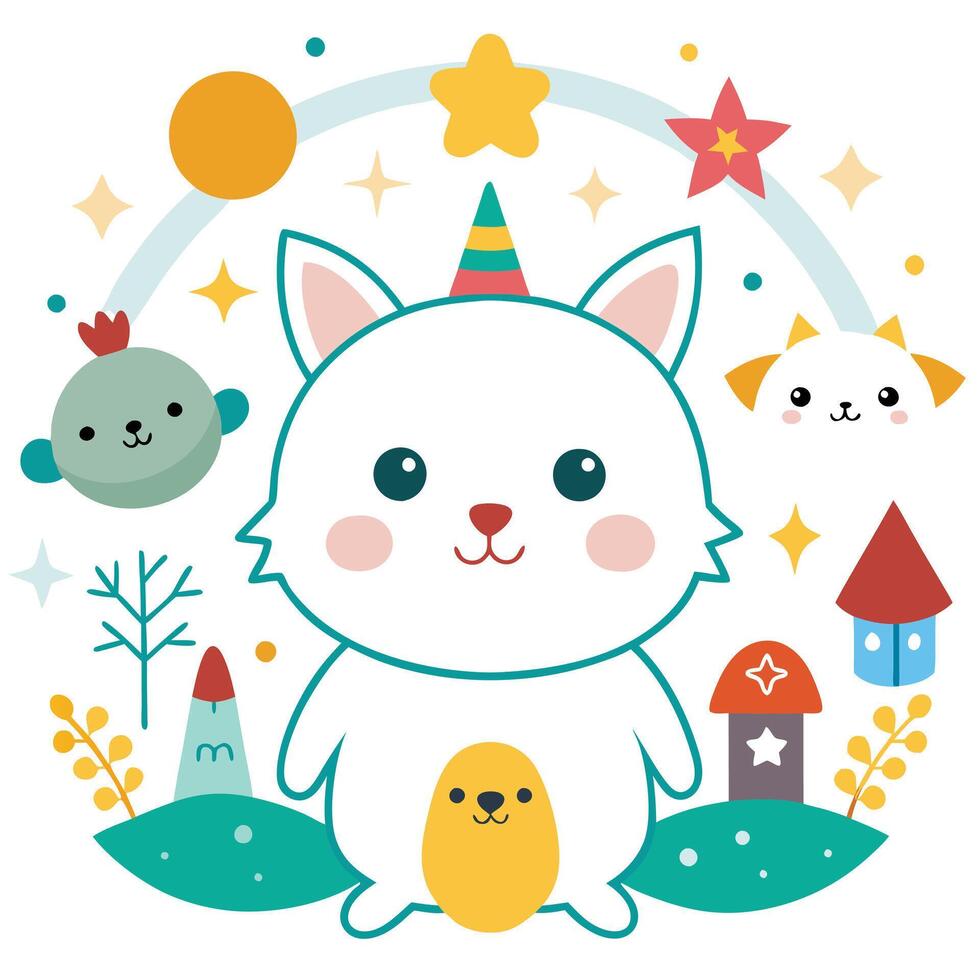 Cute Unicorn Cat with Friends in a Magical Landscape vector