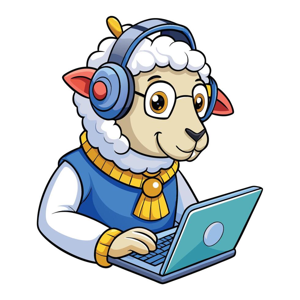 a cartoon sheep wearing headphones and holding a laptop vector