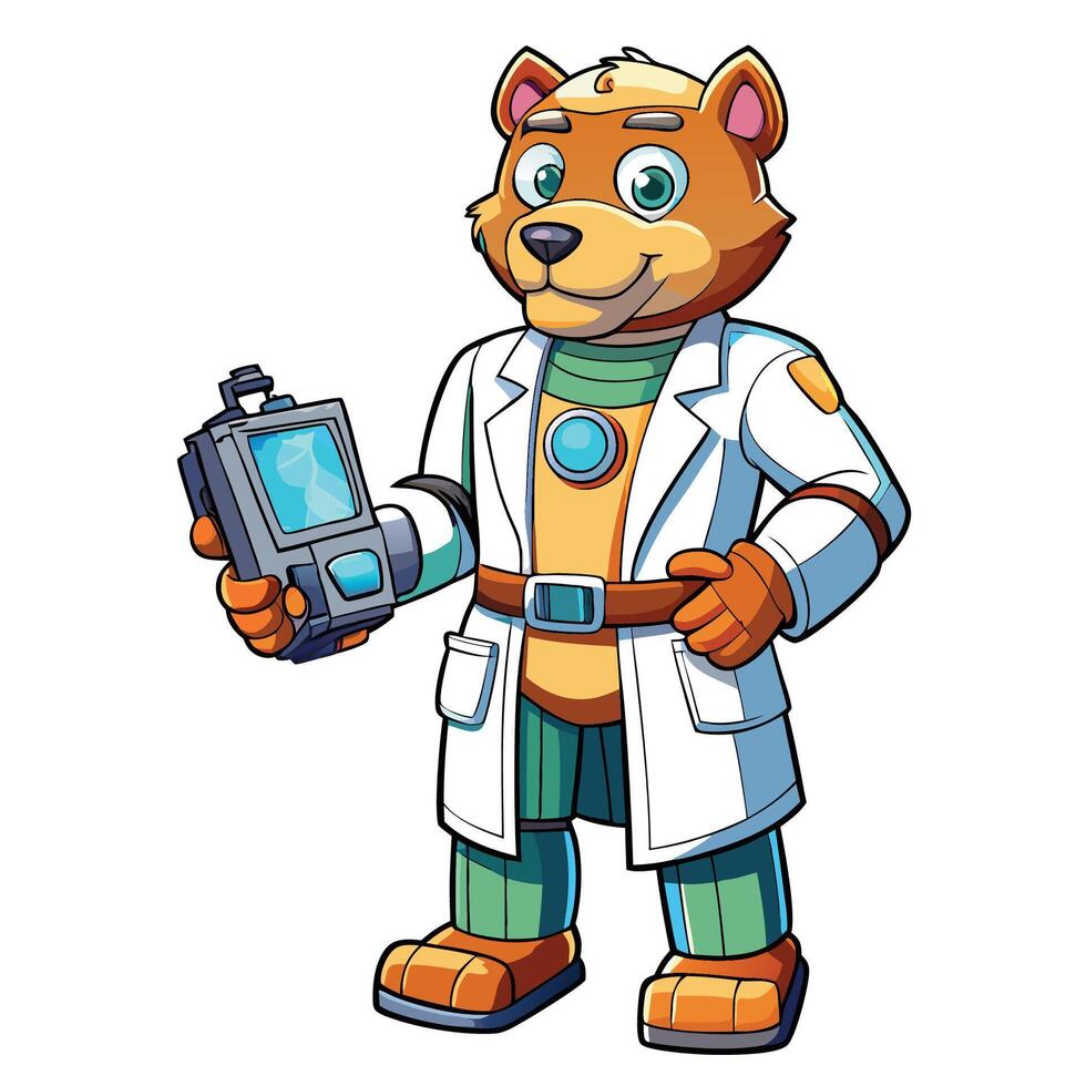 a cartoon bear wearing a lab coat holding a cell phone vector