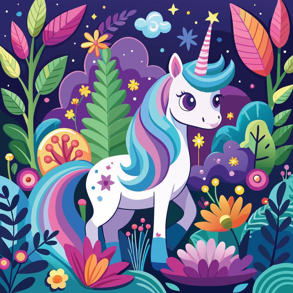 Magical Unicorn in a Floral Forest vector