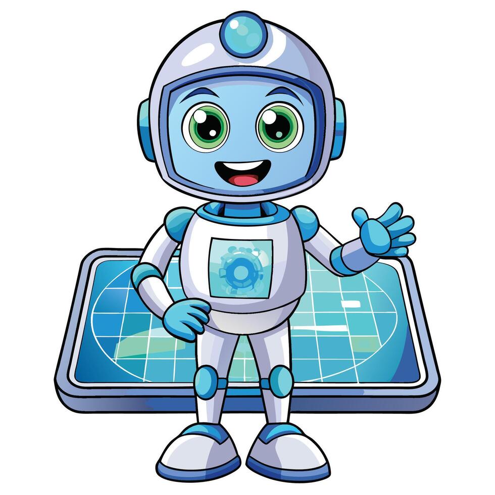 cartoon robot with tablet and computer vector