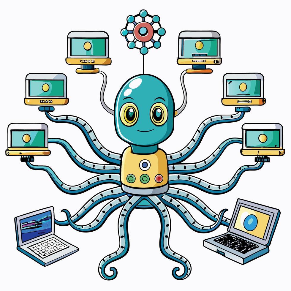octopus with laptop and computer on white background vector