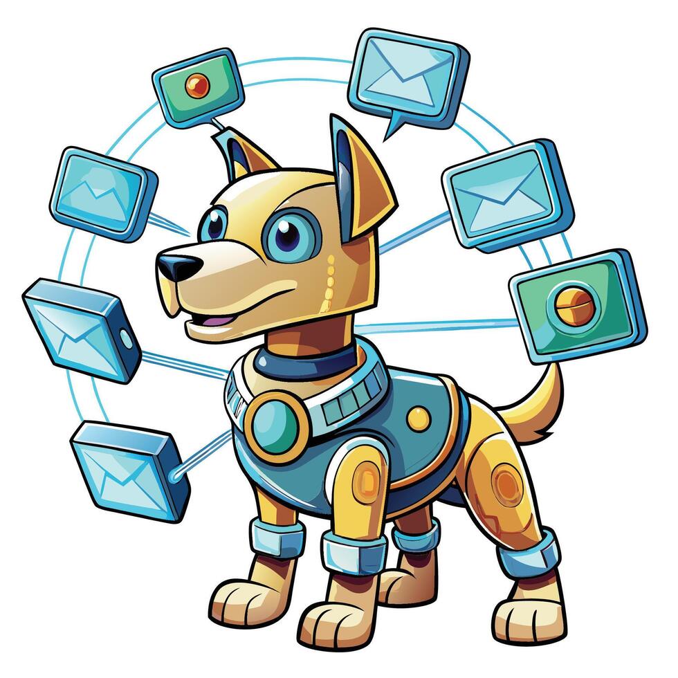 a cartoon dog with many email icons around him vector