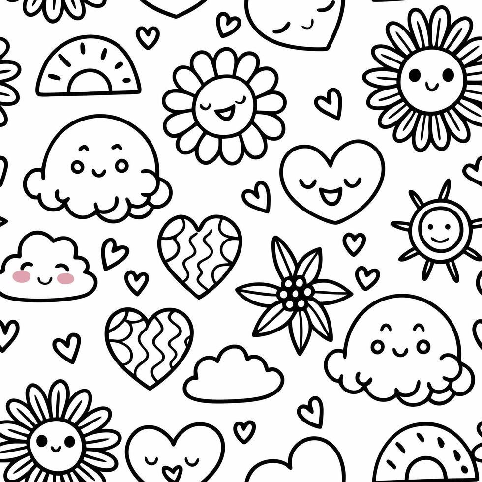 Cute, Outline Pattern of Flowers, Clouds, Hearts, and Sun vector