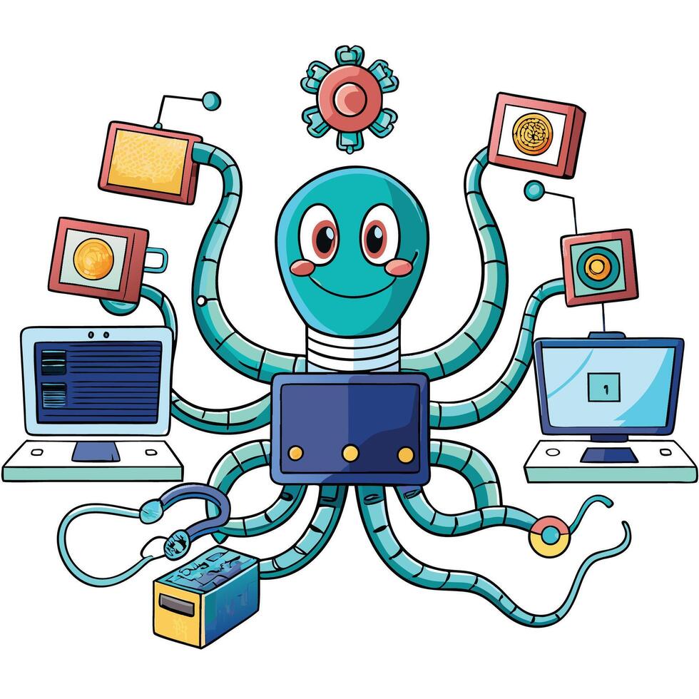 an octopus with a computer and other devices vector