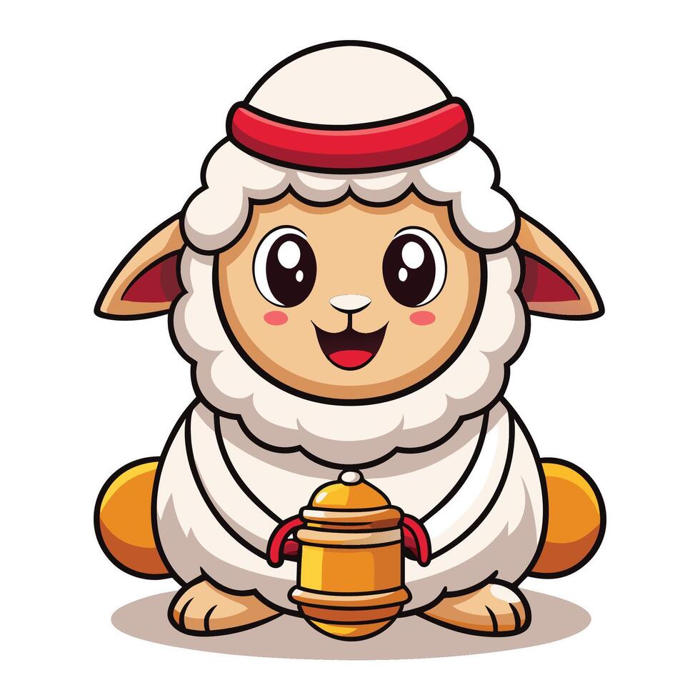 a cartoon sheep holding a golden bell vector