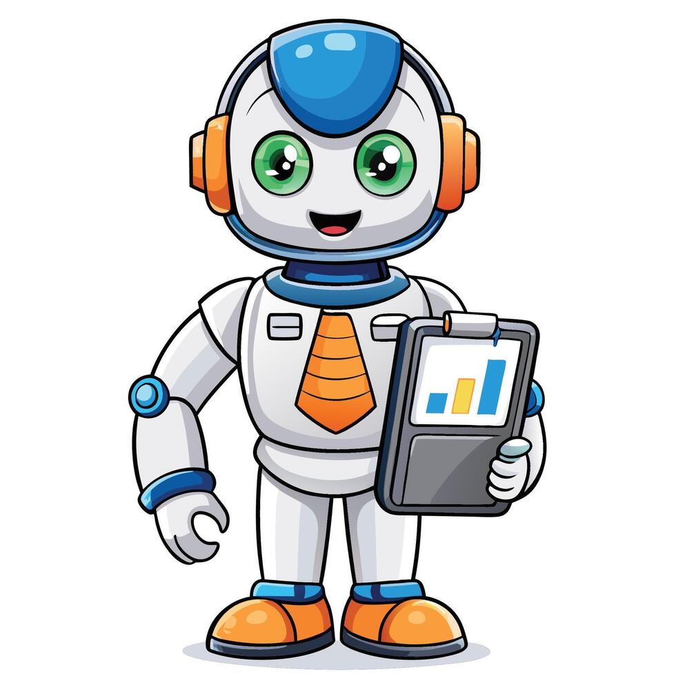 a cartoon robot holding a clipboard and showing a graph vector
