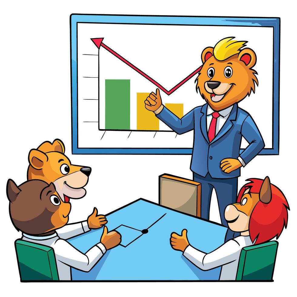 a cartoon bear is giving a presentation to a group of people vector