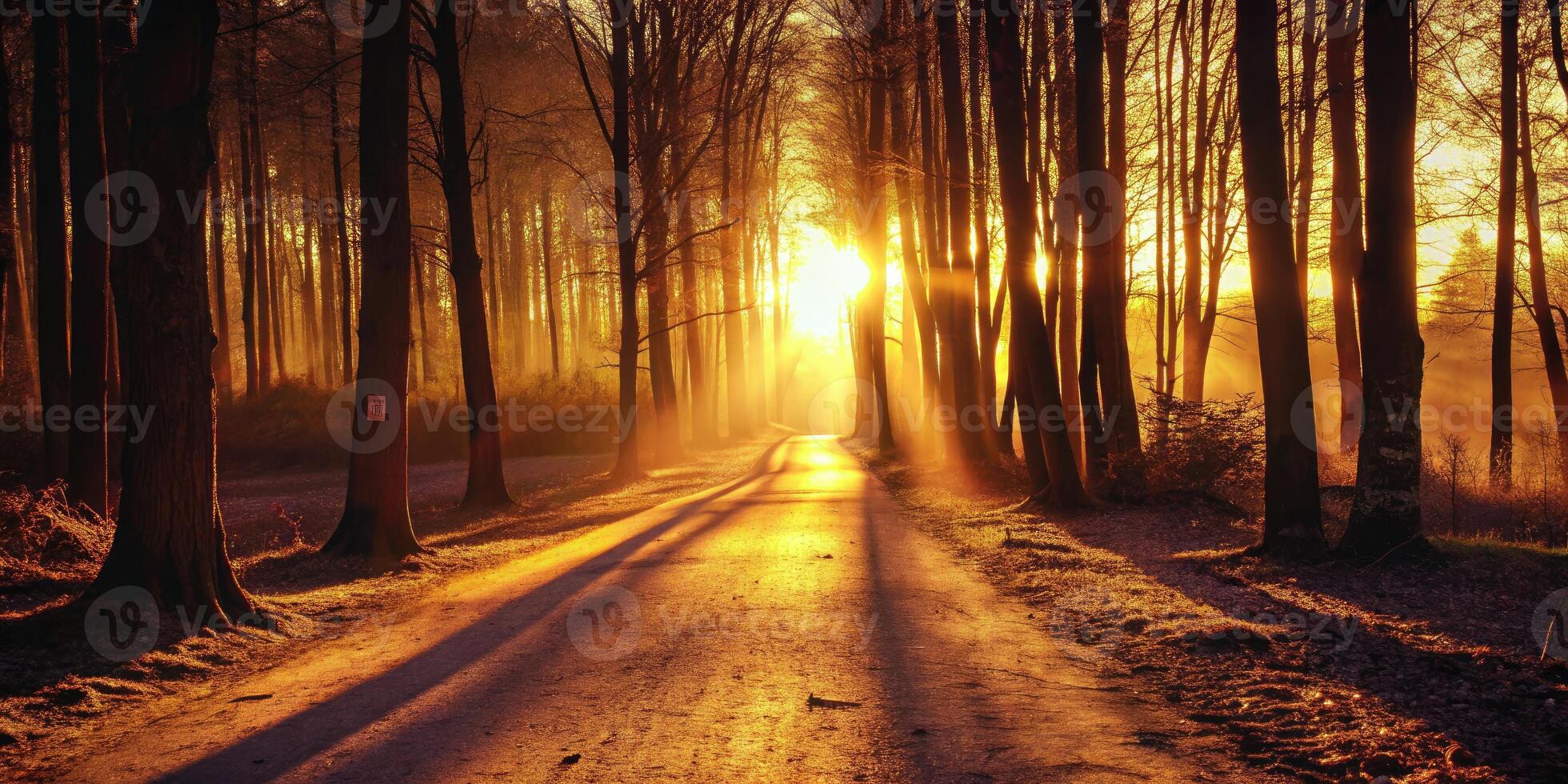 Golden sunlight streaming through a forest path. photo