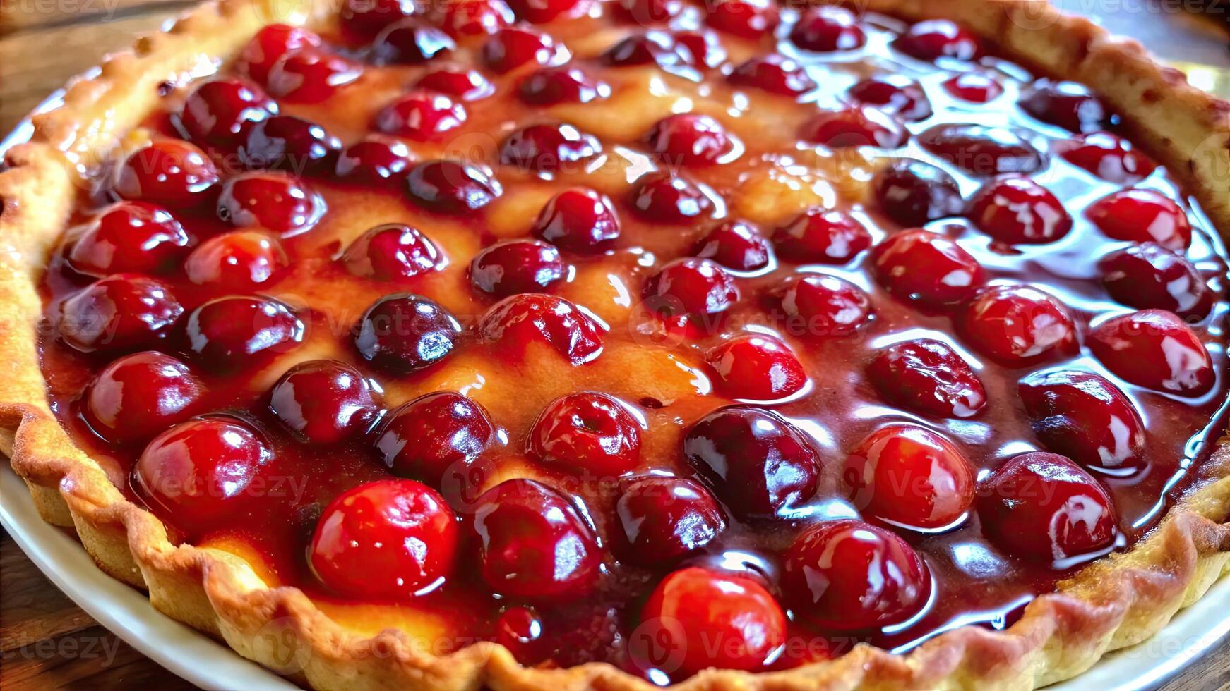 Cherry cake with a top layer of rich fresh cherries. photo