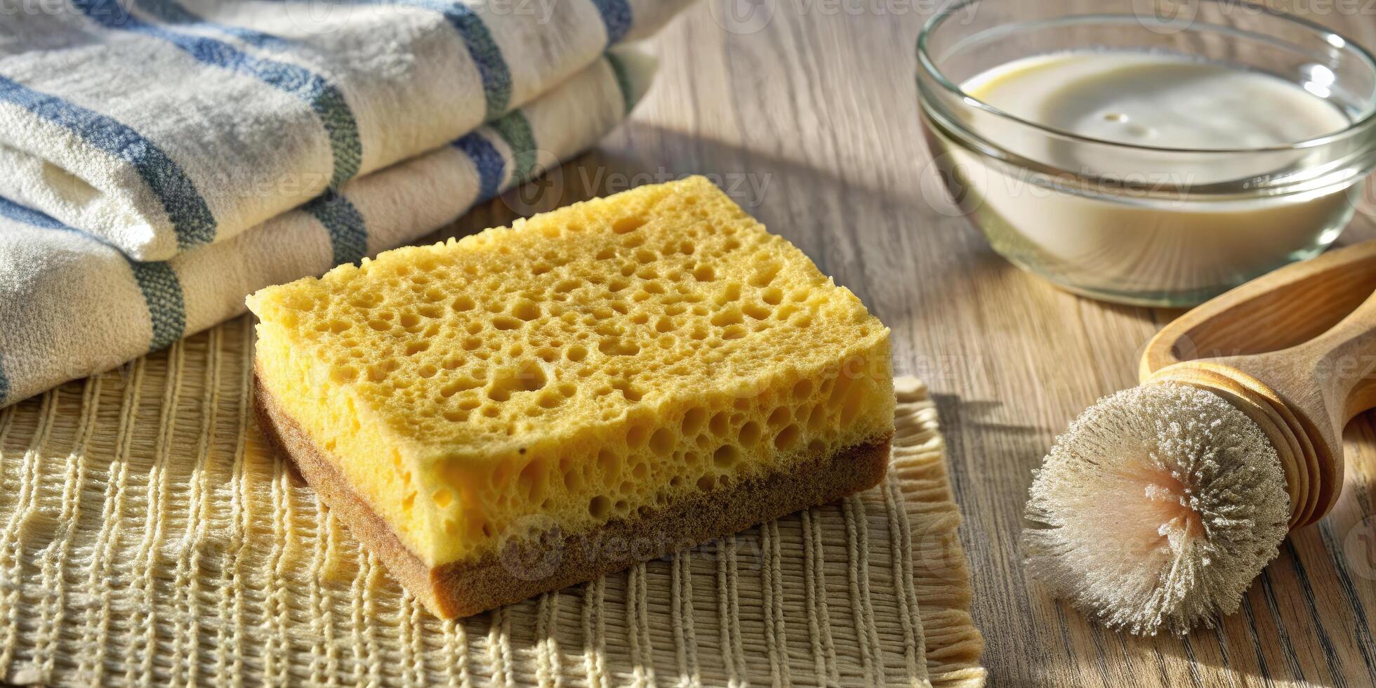 Natural bath sponge and brush set beside a wooden bowl. photo