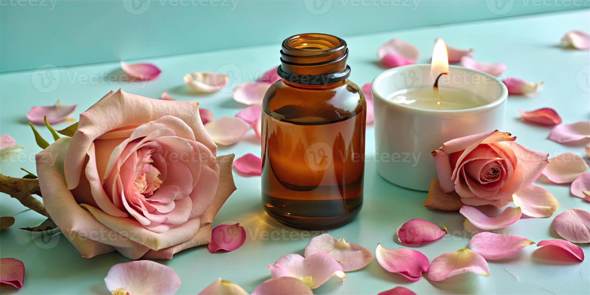 Aromatherapy setup with candles and rose petals. photo