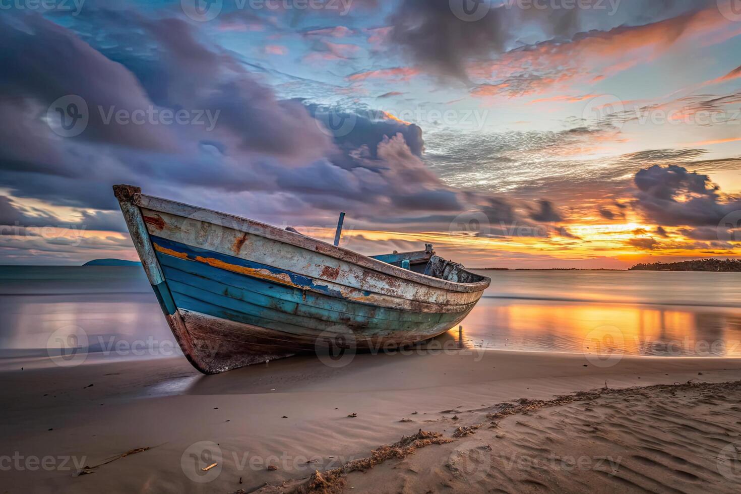 Abandoned boat resting on a serene sandy shore. photo