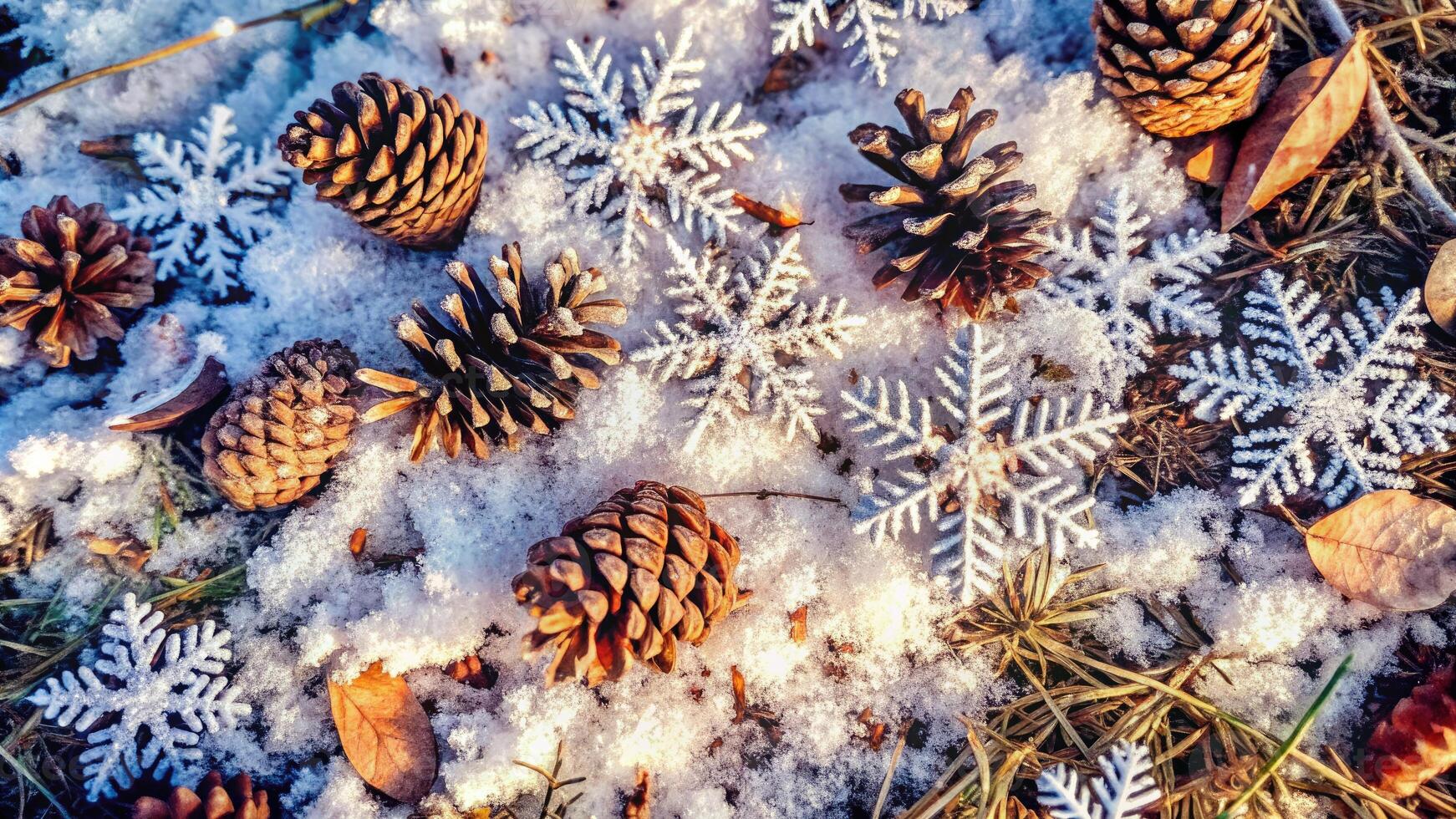 Pinecones and snowflakes resting on a snowy surface. photo