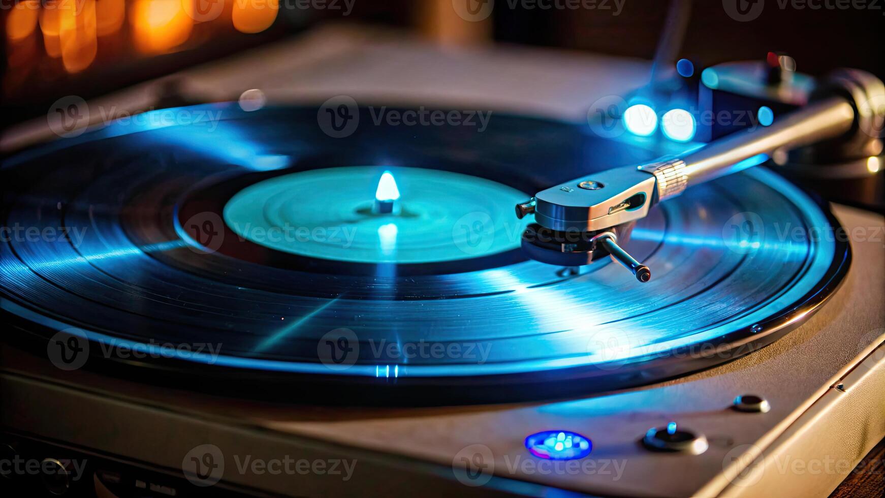 Close-up of a spinning vinyl record on a turntable. photo