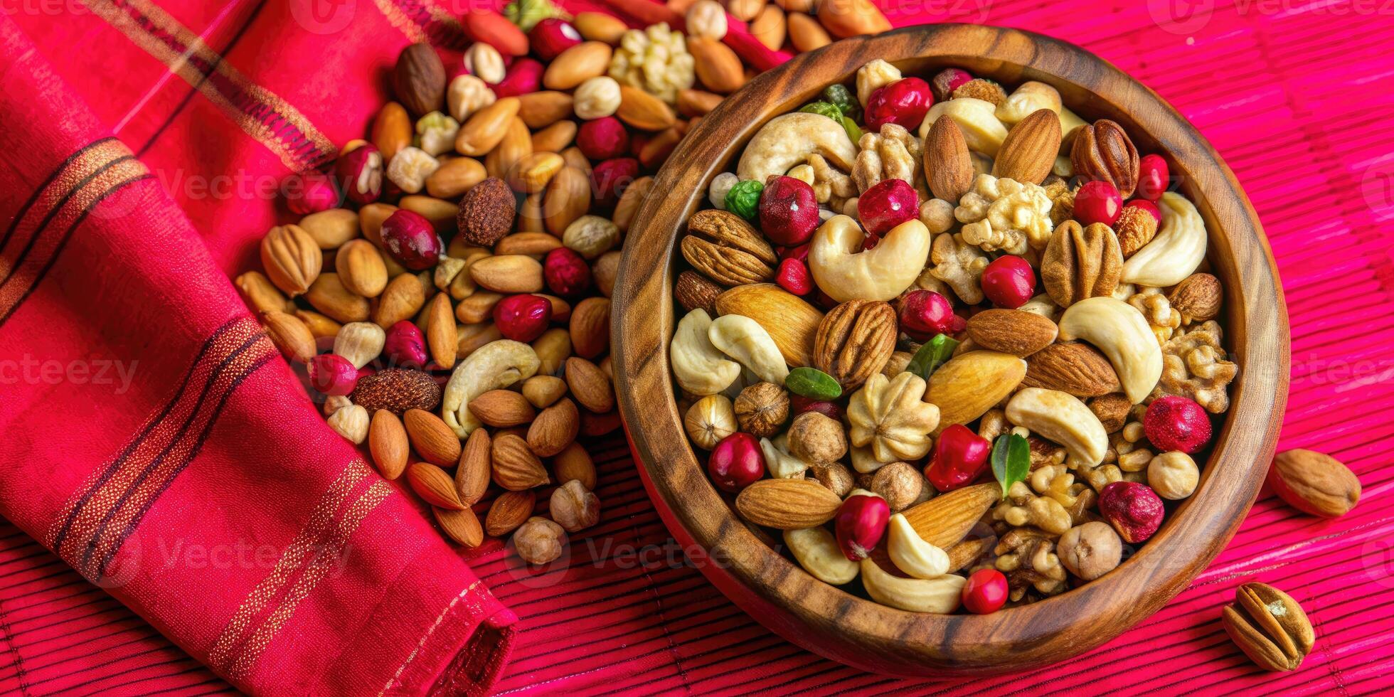 Assortment of nuts and cranberries in a bowl. photo