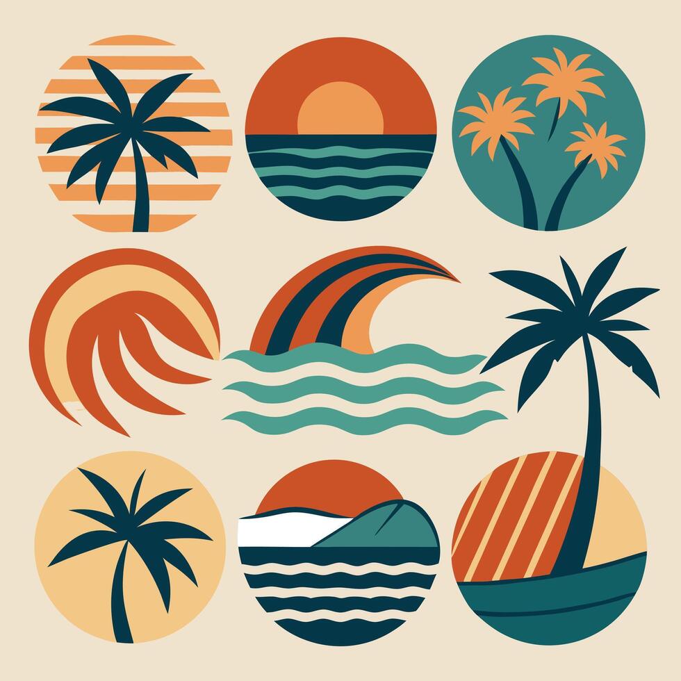 retro style palm trees and waves illustration vector
