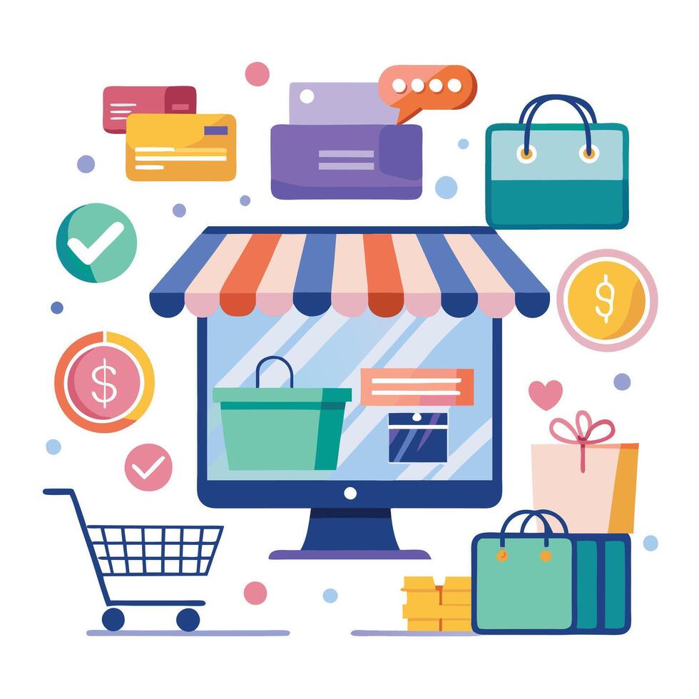 online shopping and shopping cart icon vector