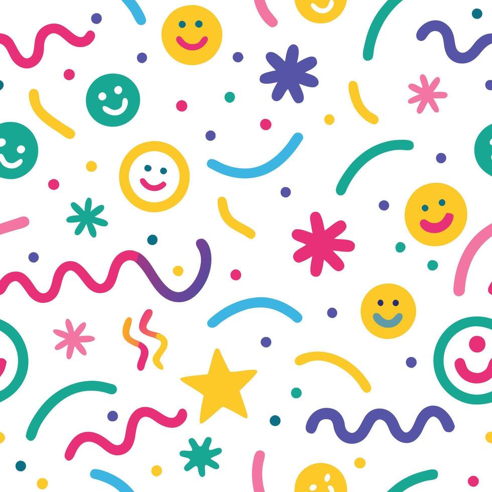 Vibrant abstract pattern with cheerful emoji faces and playful shapes vector