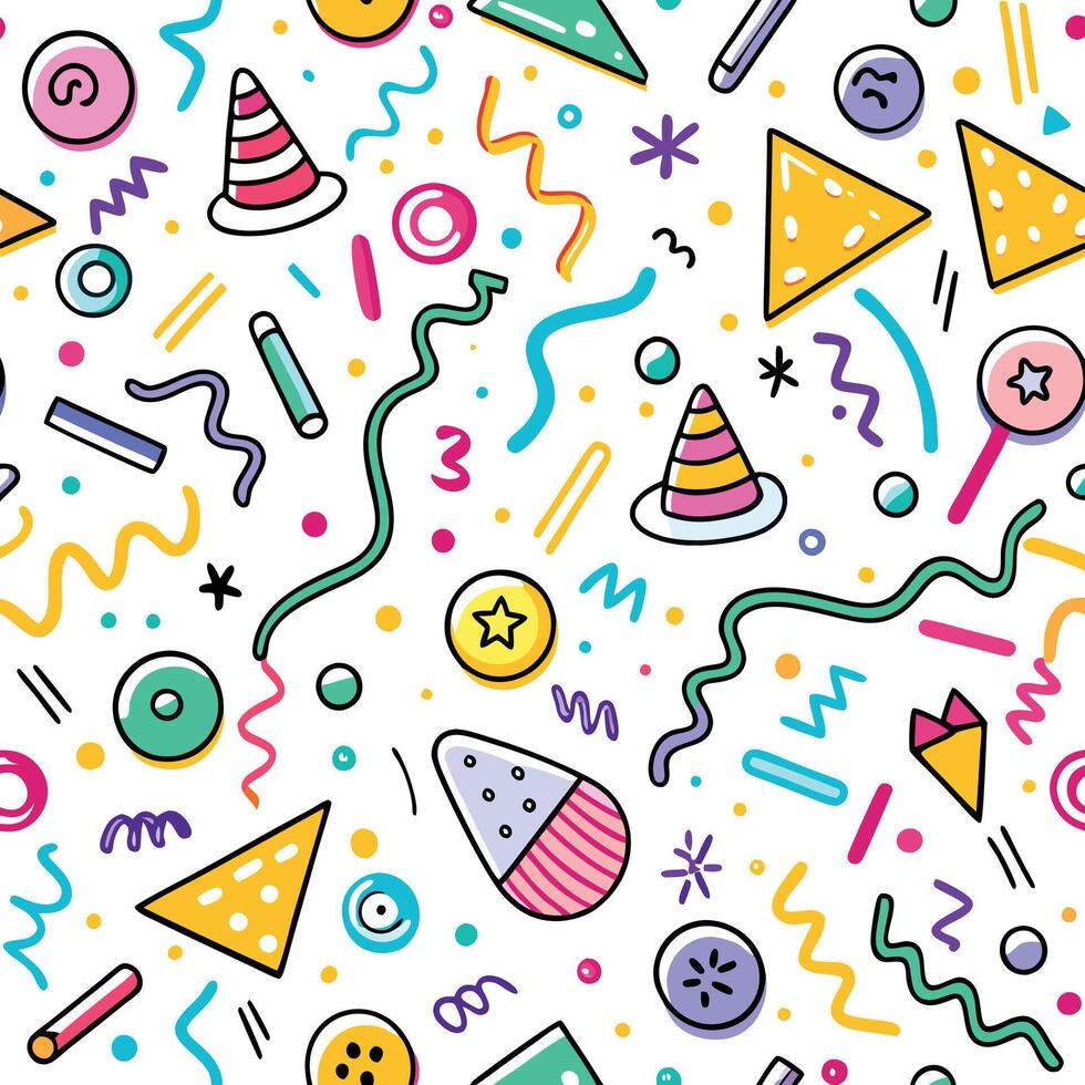 seamless pattern with party hats, confetti and other items vector