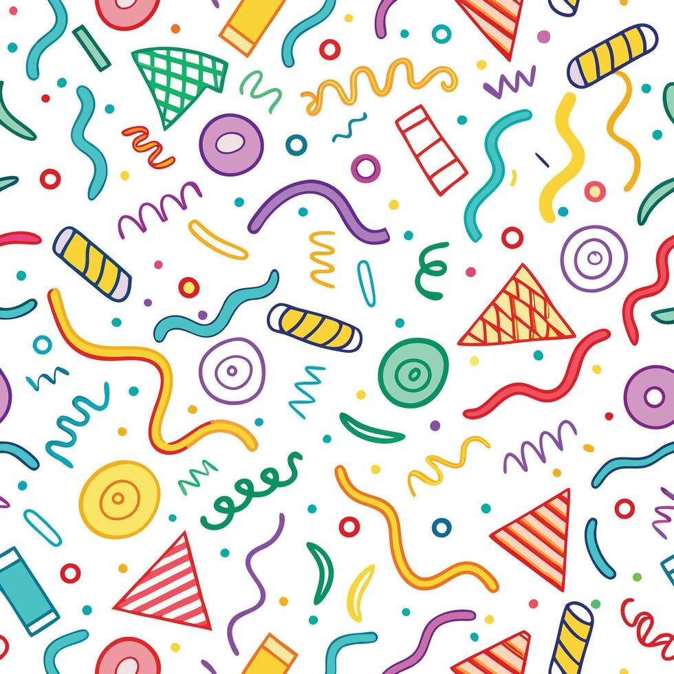 a colorful party pattern with white background confetti and streamers vector
