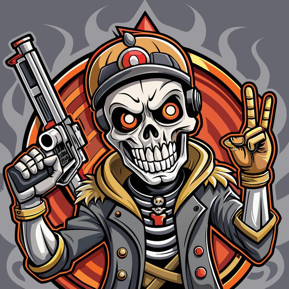 a cartoon skeleton with a gun and a skull mask vector