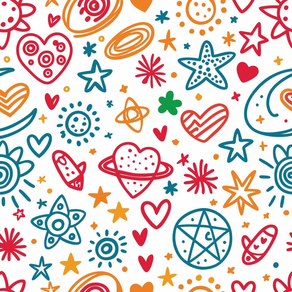 Whimsical, colorful, hand-drawn pattern of stars, hearts, rockets, and other playful shapes vector
