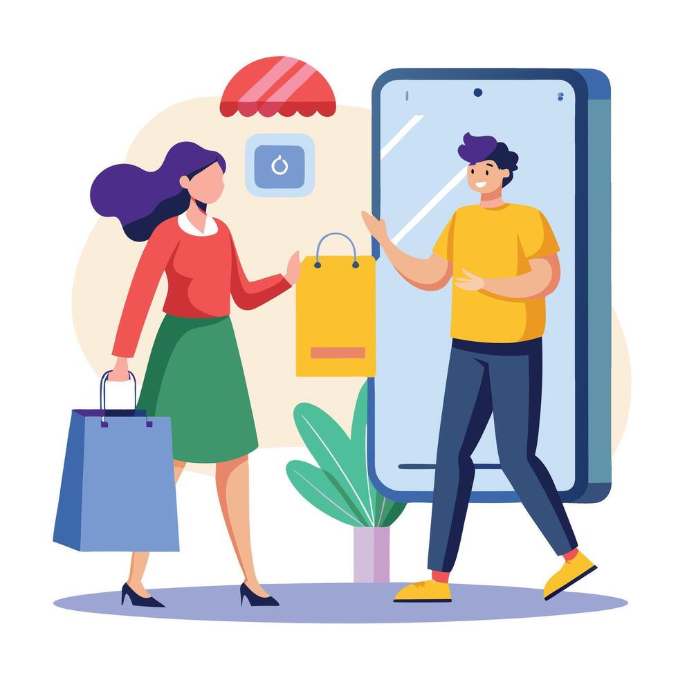 a man and woman are standing near a phone with shopping bags vector