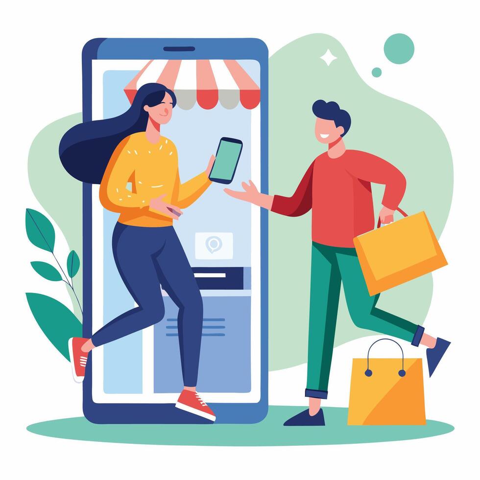online shopping concept with man and woman holding shopping bags and using mobile phone to order online vector