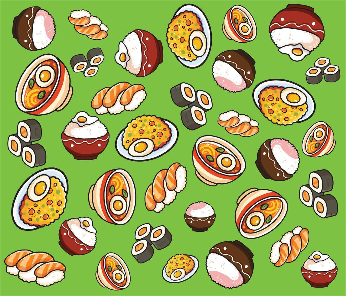 Cute and colorful cartoon-style Asian food illustration set featuring sushi rolls, ramen bowls and rice dishes, with vibrant colors on a bright green background. Perfect for food-themed designs vector