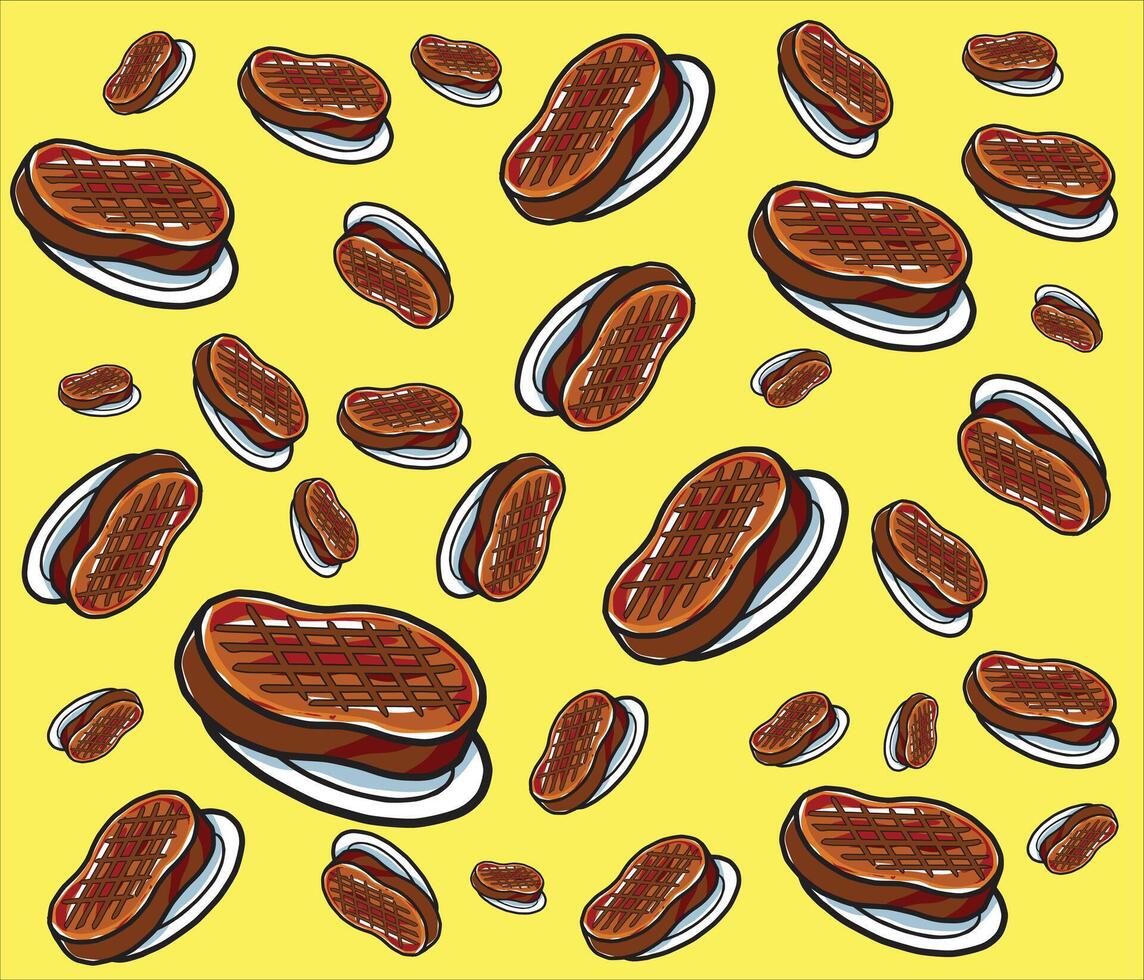 Fun and vibrant Grilled Steak pattern illustration with yellow Background, perfect for restaurant or cafe-themed designs vector