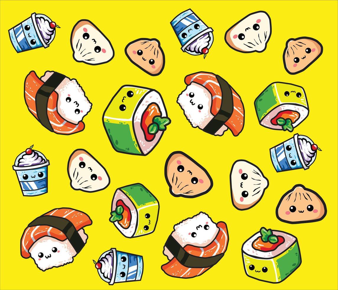 Adorable cute cartoon-style Food Background sushi rolls, dumplings, and milkshakes with smiling faces arranged in a playful food pattern, perfect for kids' products, stationery, or digital wallpapers. vector