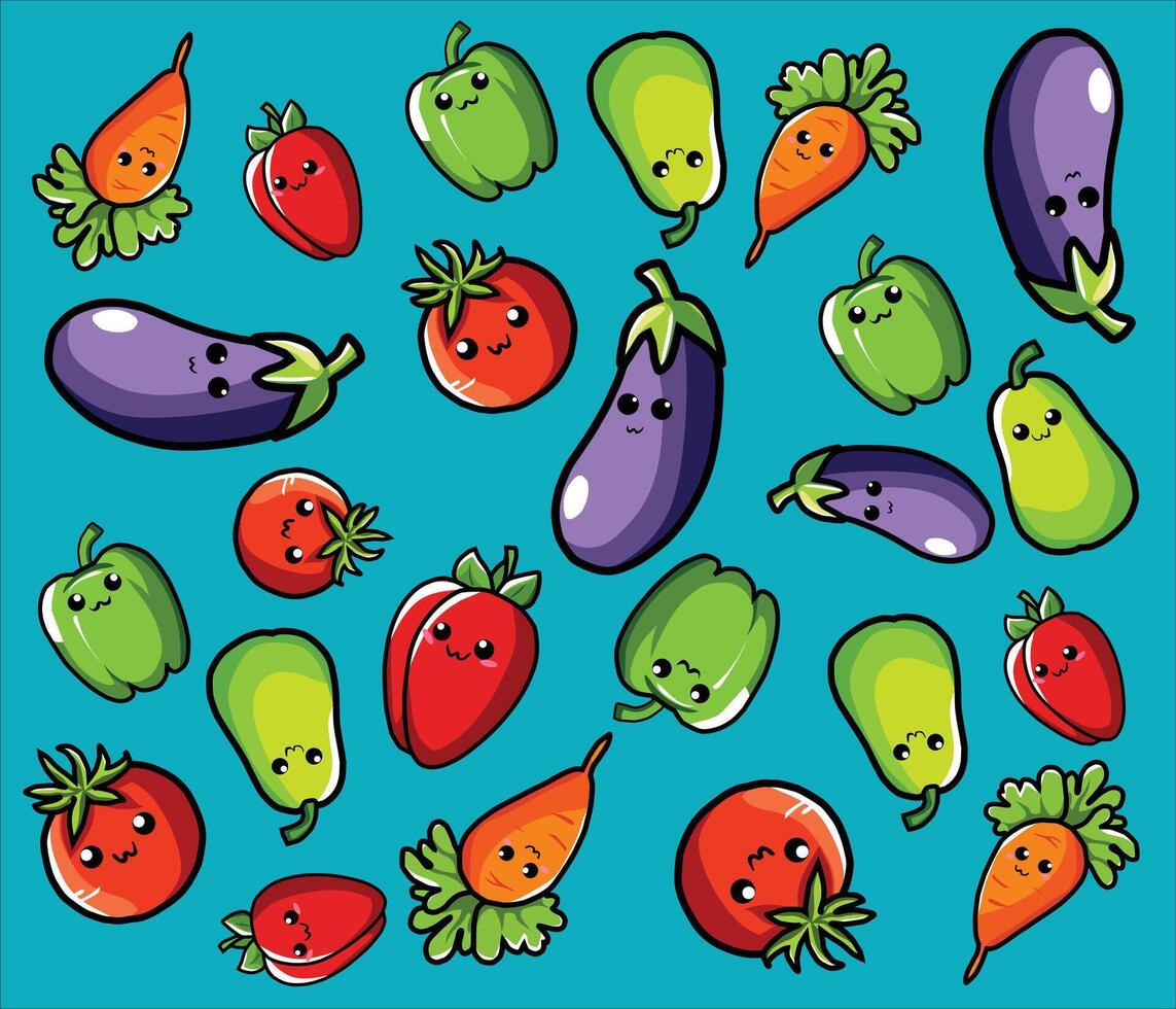 Seamless pattern of cute kawaii vegetables with smiling faces on a blue background. Perfect for children's products, fabric design, packaging, wallpaper, and educational materials. vector