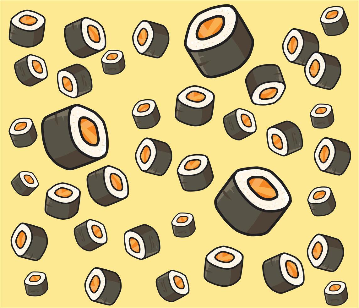 Seamless pattern of cartoon Sushi roll on a light yellow background, Perfect for food-themed designs. vector