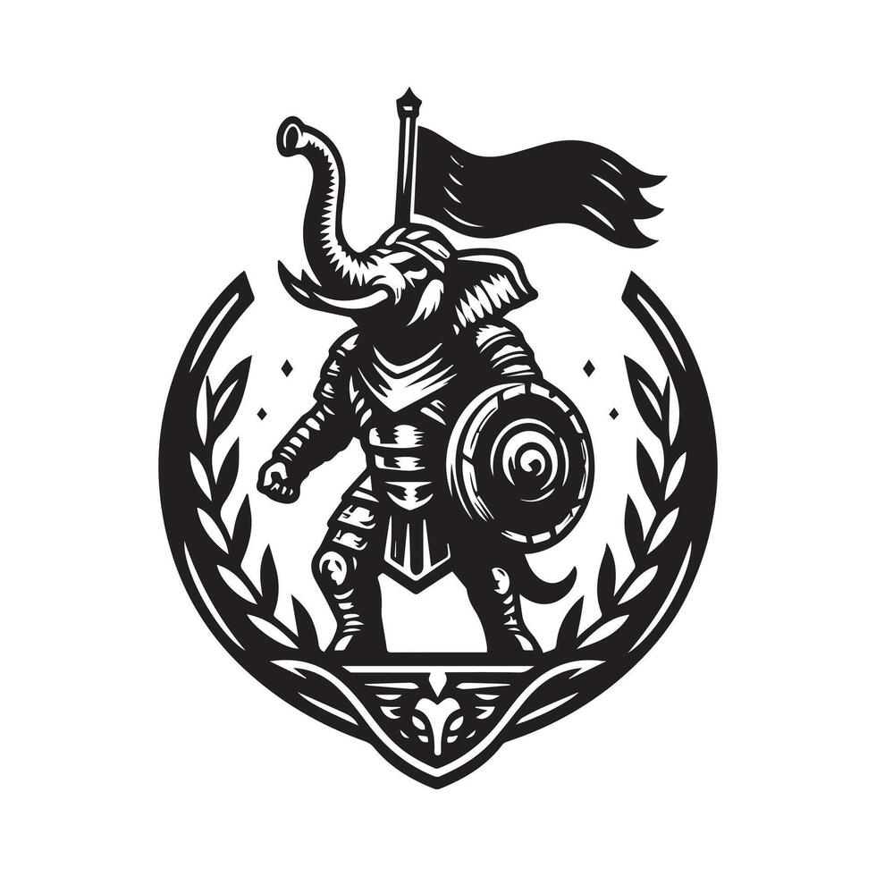 An elephant with a shield and sword in the middle of a laurel wreath vector