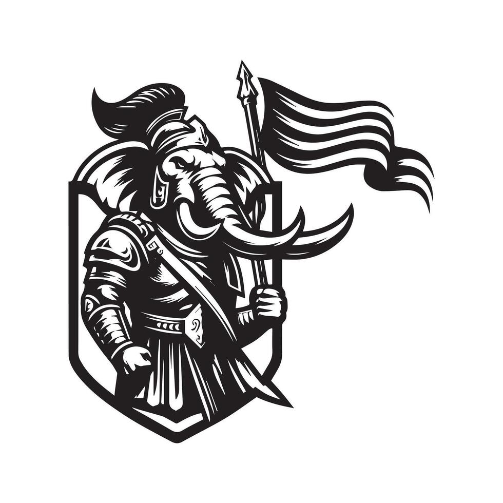 An elephant holding a flag and wearing armor vector