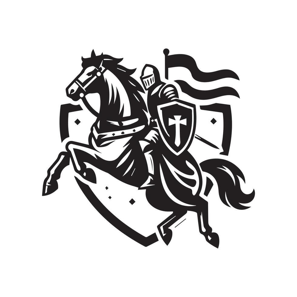Knight on horseback with flag and sword vector