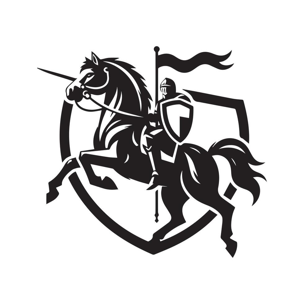 A black and white logo of a knight on a horse vector