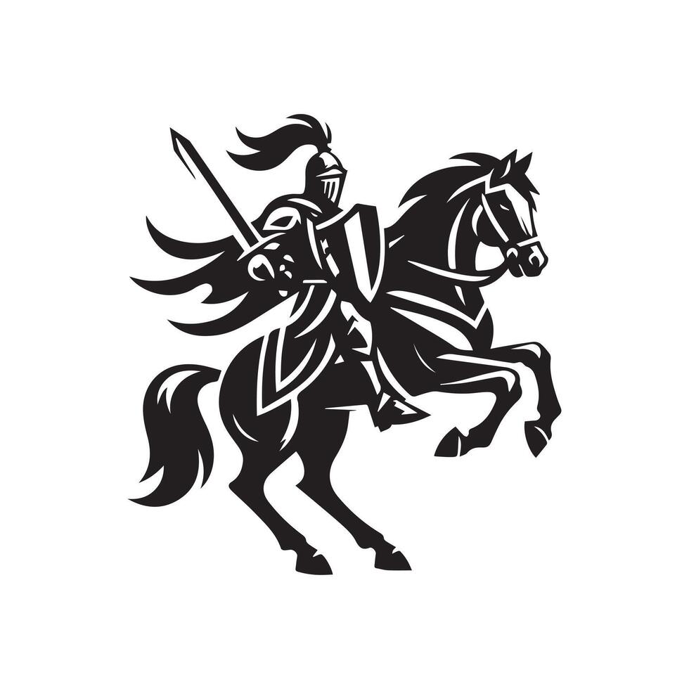 A black and white illustration of a knight on horseback vector